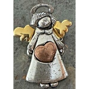 Angel Brooch AJMC Gold Tone‎ Wings Silver Tone Dress Heart Motif Pin vintage